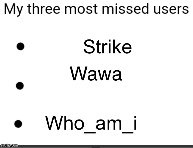 3 most missed users | Strike; Wawa; Who_am_i | image tagged in 3 most missed users | made w/ Imgflip meme maker