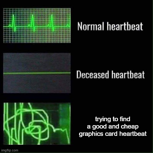 cheapest one was 54 bucks- and I need a quality card- | trying to find a good and cheap graphics card heartbeat | image tagged in heart beat meme | made w/ Imgflip meme maker