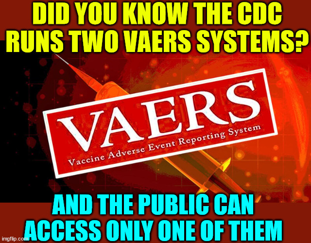 VAERS...  the more you know... | DID YOU KNOW THE CDC RUNS TWO VAERS SYSTEMS? AND THE PUBLIC CAN ACCESS ONLY ONE OF THEM | image tagged in covid vaccine,criminal,cdc | made w/ Imgflip meme maker