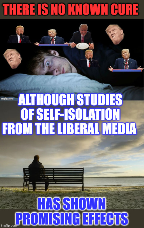 THERE IS NO KNOWN CURE ALTHOUGH STUDIES OF SELF-ISOLATION FROM THE LIBERAL MEDIA HAS SHOWN PROMISING EFFECTS | image tagged in extreme tds,isolated | made w/ Imgflip meme maker