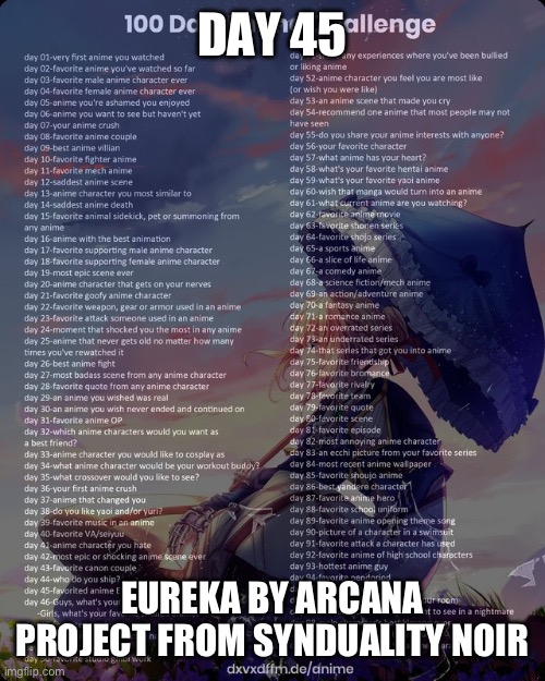 100 day anime challenge | DAY 45; EUREKA BY ARCANA PROJECT FROM SYNDUALITY NOIR | image tagged in 100 day anime challenge | made w/ Imgflip meme maker
