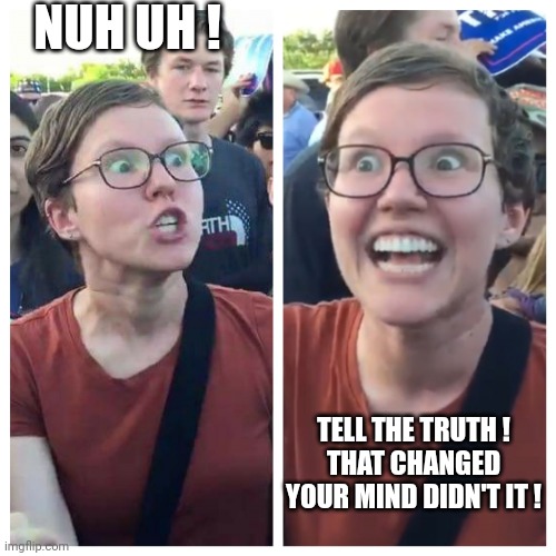 Hypocrite liberal | NUH UH ! TELL THE TRUTH !
THAT CHANGED YOUR MIND DIDN'T IT ! | image tagged in hypocrite liberal | made w/ Imgflip meme maker