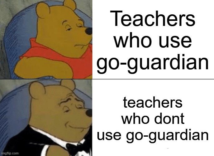 Tuxedo Winnie The Pooh Meme | Teachers who use go-guardian; teachers who dont use go-guardian | image tagged in memes,tuxedo winnie the pooh | made w/ Imgflip meme maker
