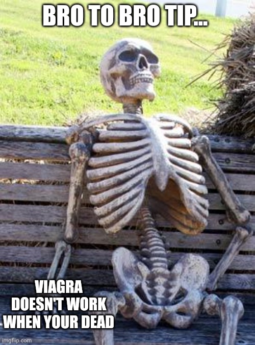 Waiting Skeleton Meme | BRO TO BRO TIP... VIAGRA DOESN'T WORK WHEN YOUR DEAD | image tagged in memes,waiting skeleton | made w/ Imgflip meme maker