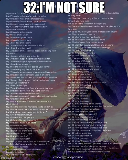 100 day anime challenge | 32:I'M NOT SURE | image tagged in 100 day anime challenge | made w/ Imgflip meme maker