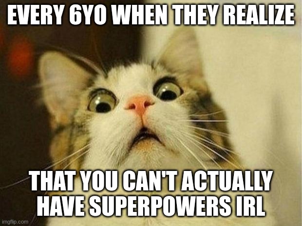 Scared Cat Meme | EVERY 6YO WHEN THEY REALIZE; THAT YOU CAN'T ACTUALLY HAVE SUPERPOWERS IRL | image tagged in memes,scared cat | made w/ Imgflip meme maker
