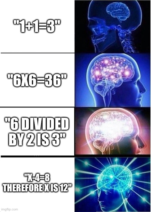 More Math = Bigger Brain | "1+1=3"; "6X6=36"; "6 DIVIDED BY 2 IS 3"; "X-4=8 THEREFORE X IS 12" | image tagged in memes,expanding brain | made w/ Imgflip meme maker