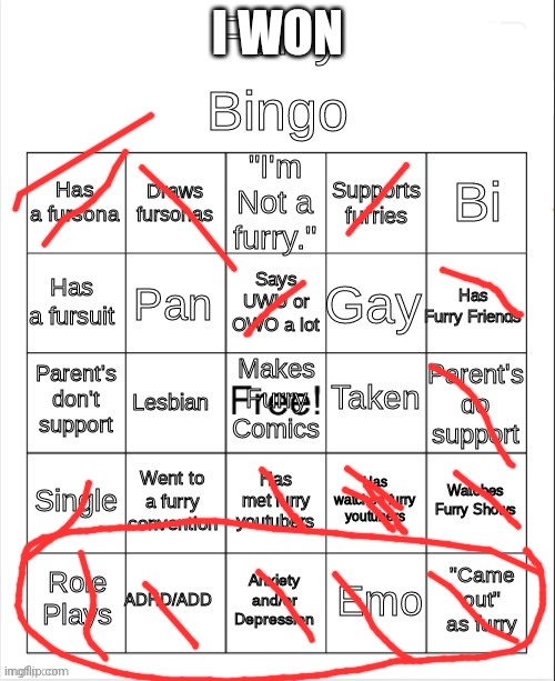Furry Bingo | I WON | image tagged in furry bingo | made w/ Imgflip meme maker