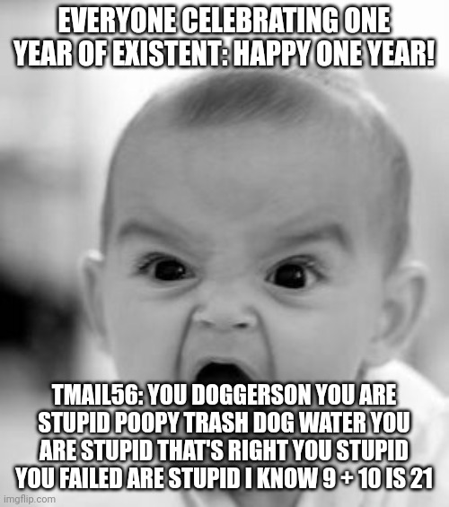 Naw. Why is this true. Also happy one year Existent! | EVERYONE CELEBRATING ONE YEAR OF EXISTENT: HAPPY ONE YEAR! TMAIL56: YOU DOGGERSON YOU ARE STUPID POOPY TRASH DOG WATER YOU ARE STUPID THAT'S RIGHT YOU STUPID YOU FAILED ARE STUPID I KNOW 9 + 10 IS 21 | image tagged in memes,angry baby | made w/ Imgflip meme maker