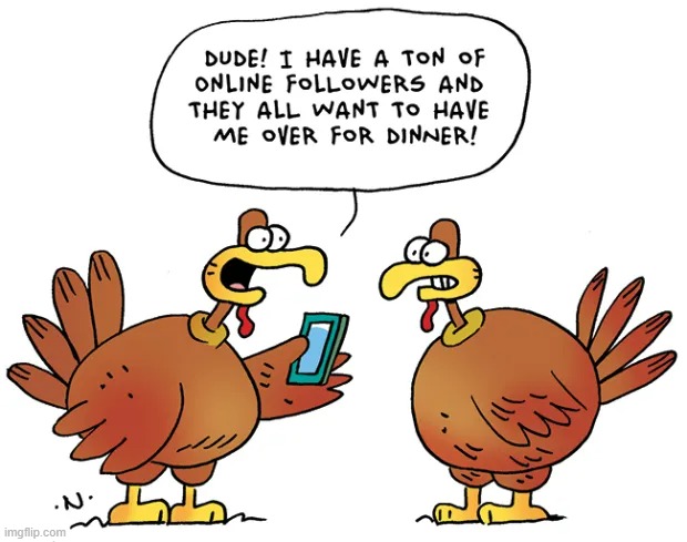image tagged in memes,comics/cartoons,thanksgiving,turkey,too many,followers | made w/ Imgflip meme maker