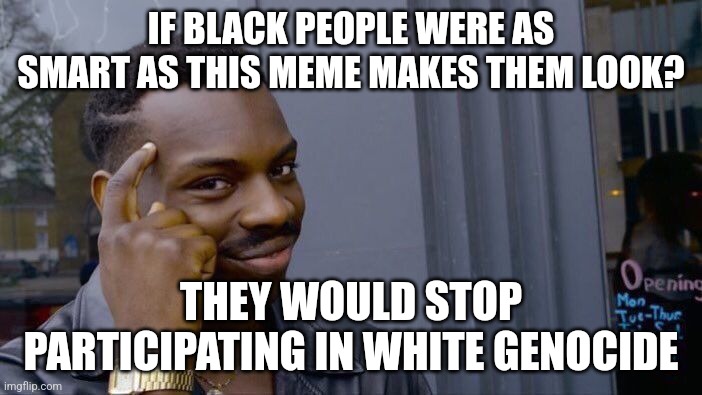 Common sense 3 | IF BLACK PEOPLE WERE AS SMART AS THIS MEME MAKES THEM LOOK? THEY WOULD STOP PARTICIPATING IN WHITE GENOCIDE | image tagged in memes,roll safe think about it | made w/ Imgflip meme maker
