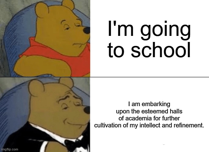 bri'ish | I'm going to school; I am embarking upon the esteemed halls of academia for further cultivation of my intellect and refinement. | image tagged in memes,tuxedo winnie the pooh | made w/ Imgflip meme maker