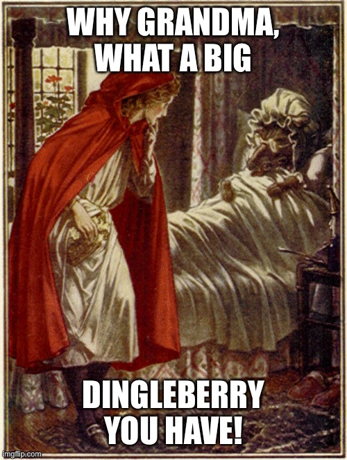 little red riding hood | WHY GRANDMA, WHAT A BIG DINGLEBERRY YOU HAVE! | image tagged in little red riding hood | made w/ Imgflip meme maker