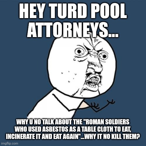Y U No | HEY TURD POOL ATTORNEYS... WHY U NO TALK ABOUT THE "ROMAN SOLDIERS WHO USED ASBESTOS AS A TABLE CLOTH TO EAT, INCINERATE IT AND EAT AGAIN"...WHY IT NO KILL THEM? | image tagged in memes,y u no,filter,cigarettes,real,problem | made w/ Imgflip meme maker