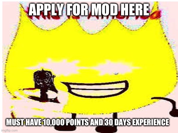 Apply for mod here | APPLY FOR MOD HERE; MUST HAVE 10,000 POINTS AND 30 DAYS EXPERIENCE | made w/ Imgflip meme maker