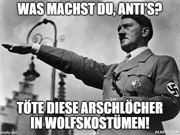 if youre offensed, srry im using gugul translate (Mod note: Schon bemerkt) | WAS MACHST DU, ANTI'S? TÖTE DIESE ARSCHLÖCHER IN WOLFSKOSTÜMEN! | image tagged in hitler | made w/ Imgflip meme maker