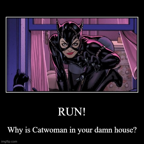 RUN! | RUN! | Why is Catwoman in your damn house? | image tagged in funny,demotivationals | made w/ Imgflip demotivational maker