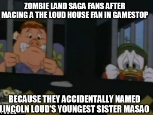 Chris Chan's blue arms induced Gamestop protests portrayed by DuckTales but it's Zombie Land Saga themed | image tagged in protest,arrested,ducktales,the loud house | made w/ Imgflip meme maker