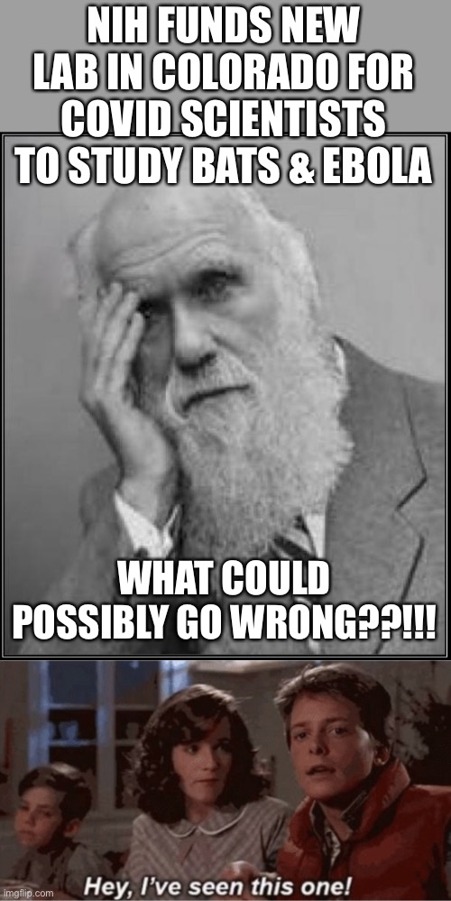 Some people don’t learn the first time! | NIH FUNDS NEW LAB IN COLORADO FOR COVID SCIENTISTS TO STUDY BATS & EBOLA; WHAT COULD POSSIBLY GO WRONG??!!! | image tagged in darwin facepalm,hey i've seen this one,nih,lab,colorado,ebola | made w/ Imgflip meme maker