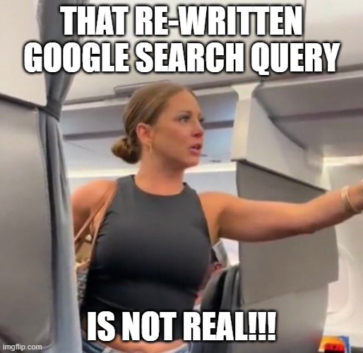 Crazy airplane lady | THAT RE-WRITTEN GOOGLE SEARCH QUERY; IS NOT REAL!!! | image tagged in crazy airplane lady | made w/ Imgflip meme maker