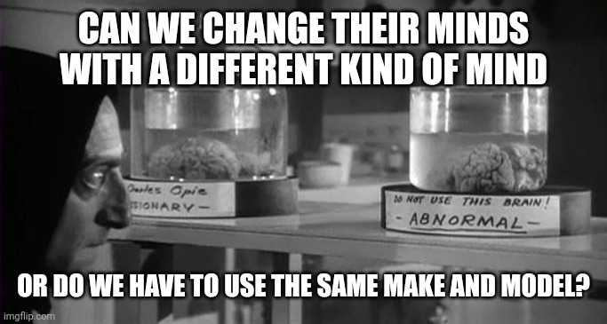 Abby Normal Brain | CAN WE CHANGE THEIR MINDS WITH A DIFFERENT KIND OF MIND OR DO WE HAVE TO USE THE SAME MAKE AND MODEL? | image tagged in abby normal brain | made w/ Imgflip meme maker