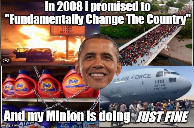 Mister "Hope & Change" | In 2008 I promised to "Fundamentally Change The Country"; And my Minion is doing; JUST FINE | image tagged in obama minion fundamentally change meme | made w/ Imgflip meme maker