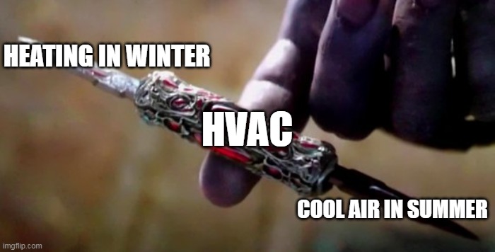 Perfectly balanced | HEATING IN WINTER; HVAC; COOL AIR IN SUMMER | image tagged in thanos perfectly balanced | made w/ Imgflip meme maker