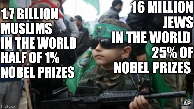 Hamas the nazi democrats | 16 MILLION JEWS
IN THE WORLD 
25% OF NOBEL PRIZES; 1.7 BILLION MUSLIMS 
IN THE WORLD 
HALF OF 1% NOBEL PRIZES | image tagged in hamas children martyrs suicide cult jpp,funny,memes,hamas,muslims | made w/ Imgflip meme maker