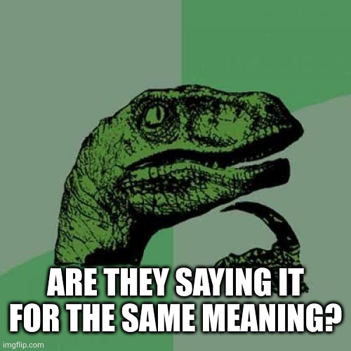 Philosoraptor Meme | ARE THEY SAYING IT FOR THE SAME MEANING? | image tagged in memes,philosoraptor | made w/ Imgflip meme maker