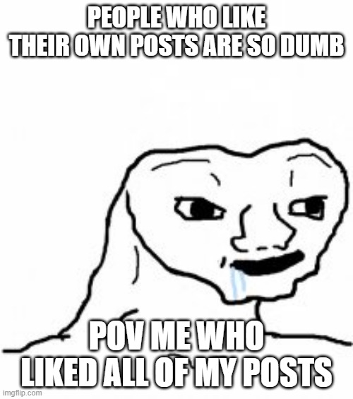 bruh me | PEOPLE WHO LIKE THEIR OWN POSTS ARE SO DUMB; POV ME WHO LIKED ALL OF MY POSTS | image tagged in dumb guy | made w/ Imgflip meme maker