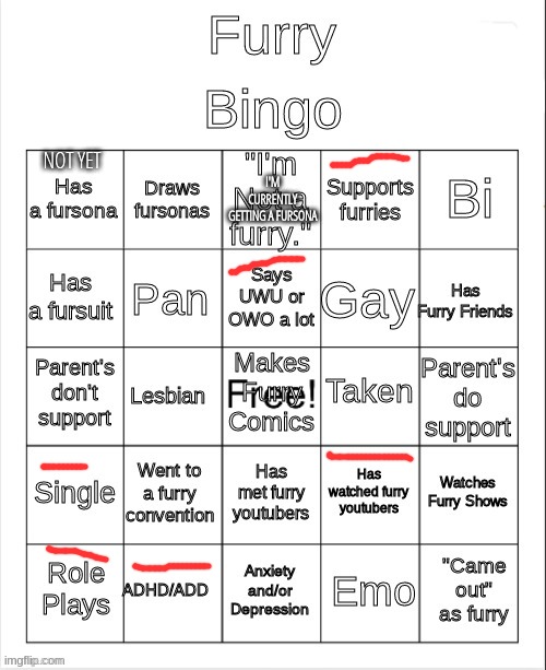 yeah | NOT YET; I'M CURRENTLY GETTING A FURSONA | image tagged in furry bingo | made w/ Imgflip meme maker