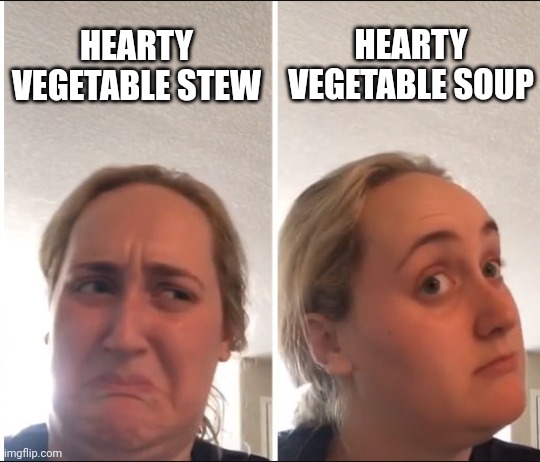 Soup>stew | HEARTY VEGETABLE STEW; HEARTY VEGETABLE SOUP | image tagged in kombucha girl,soup,stew,vegetables,vegetable | made w/ Imgflip meme maker