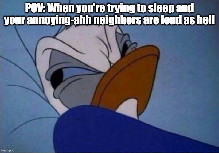 angry donald duck  | POV: When you're trying to sleep and your annoying-ahh neighbors are loud as hell | image tagged in angry donald duck,disney,neighbors,annoying people | made w/ Imgflip meme maker
