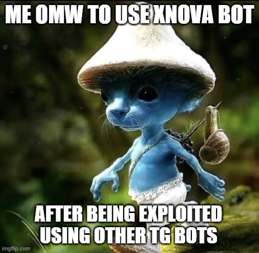Blue Smurf cat | ME OMW TO USE XNOVA BOT; AFTER BEING EXPLOITED USING OTHER TG BOTS | image tagged in blue smurf cat | made w/ Imgflip meme maker
