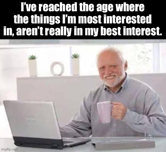 Old age | I’ve reached the age where the things I’m most interested in, aren’t really in my best interest. | image tagged in harold | made w/ Imgflip meme maker