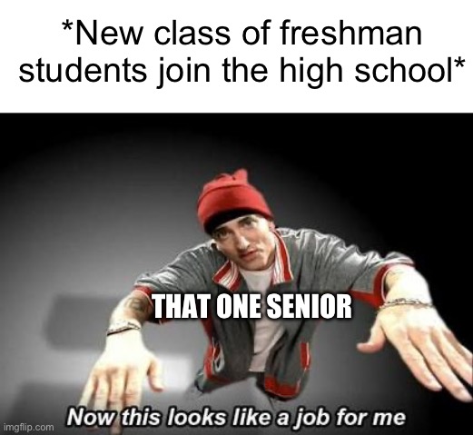 Now this looks like a job for me | *New class of freshman students join the high school*; THAT ONE SENIOR | image tagged in now this looks like a job for me,eminem,senior,dark humor | made w/ Imgflip meme maker