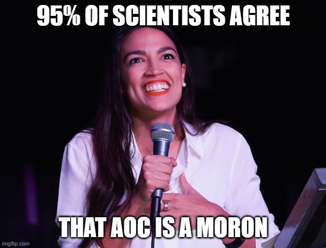 Now that's a consensus you can believe in! | 95% OF SCIENTISTS AGREE; THAT AOC IS A MORON | image tagged in aoc crazy,politics,stupid liberals,government corruption,climate change,global warming | made w/ Imgflip meme maker