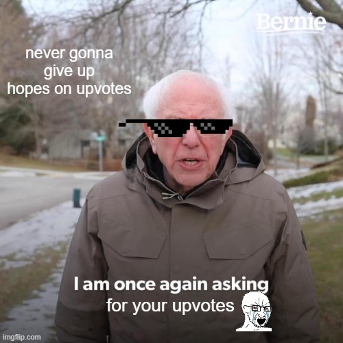 never gonna give up hopes on upvotes for your upvotes | image tagged in memes,bernie i am once again asking for your support | made w/ Imgflip meme maker