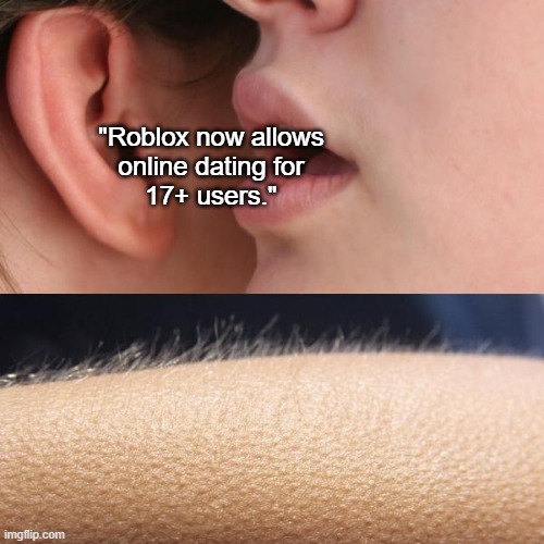 Roblox Now Allows Online Dating for 17+ | "Roblox now allows
online dating for
17+ users." | image tagged in whisper and goosebumps,roblox,online dating,memes | made w/ Imgflip meme maker