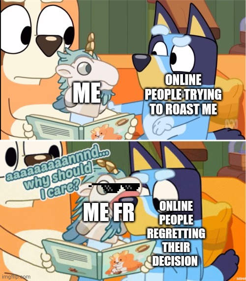 This happens to everybody | ME; ONLINE PEOPLE TRYING TO ROAST ME; ME FR; ONLINE PEOPLE REGRETTING THEIR DECISION | image tagged in why should i care | made w/ Imgflip meme maker