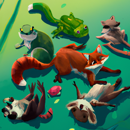 High Quality A Turtle, A Raccoon, A Mouse, a Frog, and a Fox all laying on th Blank Meme Template