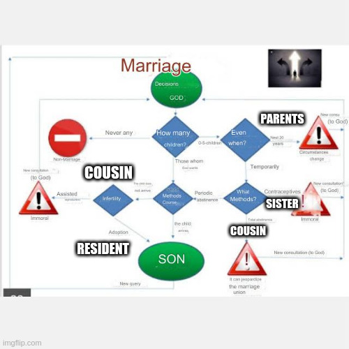 marriage | PARENTS; COUSIN; SISTER; COUSIN; RESIDENT | image tagged in marriage | made w/ Imgflip meme maker