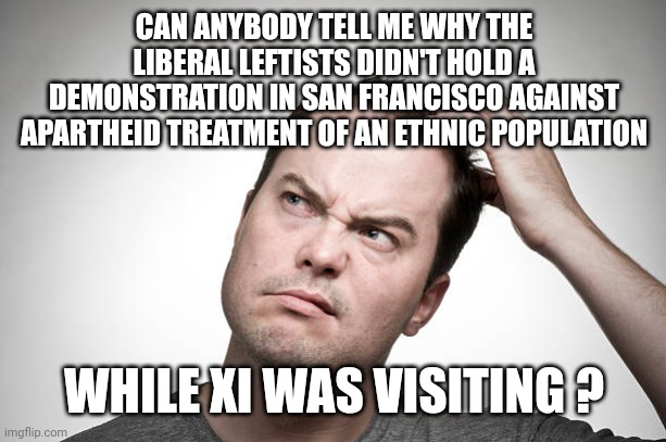What's stopping you; fear or hypocrisy? | CAN ANYBODY TELL ME WHY THE LIBERAL LEFTISTS DIDN'T HOLD A DEMONSTRATION IN SAN FRANCISCO AGAINST APARTHEID TREATMENT OF AN ETHNIC POPULATION; WHILE XI WAS VISITING ? | image tagged in uyghers,cowards,china,leftists,stupid liberals,hypocrisy | made w/ Imgflip meme maker