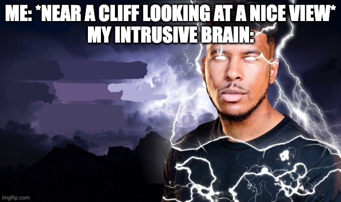 I know it, you know it, we all know it, every memer knows it | ME: *NEAR A CLIFF LOOKING AT A NICE VIEW*
MY INTRUSIVE BRAIN: | image tagged in you should kill yourself now | made w/ Imgflip meme maker