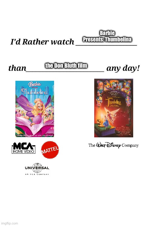 IRWBPTTTDBFAD! | Barbie Presents: Thumbelina; the Don Bluth film | image tagged in barbie,fairy,movie,girl,universal studios,fairy tales | made w/ Imgflip meme maker