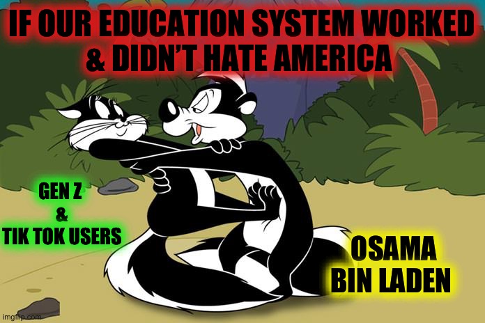 Pepe le pew | IF OUR EDUCATION SYSTEM WORKED
& DIDN’T HATE AMERICA; GEN Z 
&
TIK TOK USERS; OSAMA BIN LADEN | image tagged in pepe le pew | made w/ Imgflip meme maker
