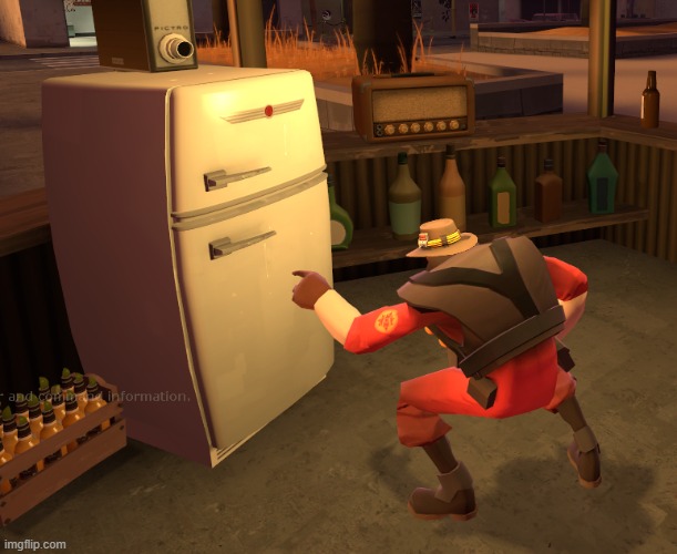 a picture of a demoman laughing at a firdge | image tagged in tf2,demoman,team fortress 2,you have been eternally cursed for reading the tags | made w/ Imgflip meme maker