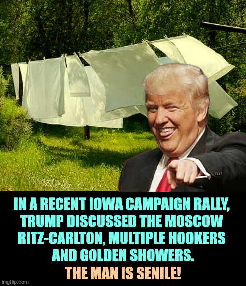Moscow nights | IN A RECENT IOWA CAMPAIGN RALLY, 
TRUMP DISCUSSED THE MOSCOW 
RITZ-CARLTON, MULTIPLE HOOKERS 
AND GOLDEN SHOWERS. THE MAN IS SENILE! | image tagged in trump moscow ritz-carlton golden shower hookers sheets,trump,moscow,hookers,golden showers | made w/ Imgflip meme maker