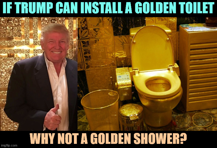 Trump's Gold Toilet, the perfect gift for the man who's full of | IF TRUMP CAN INSTALL A GOLDEN TOILET; WHY NOT A GOLDEN SHOWER? | image tagged in trump's gold toilet the perfect gift for the man who's full of,trump,golden,toilet,golden showers | made w/ Imgflip meme maker