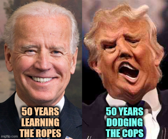 Biden a lawmaker, Trump a lawbreaker | 50 YEARS DODGING THE COPS; 50 YEARS LEARNING THE ROPES | image tagged in biden solid stable trump acid drugs,biden,makes,laws,trump,breaks | made w/ Imgflip meme maker